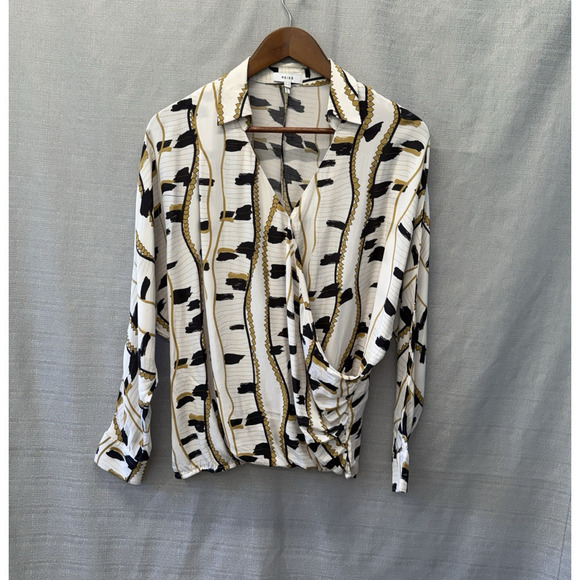 Reiss Blouse Top Womens Size 0 March Print Wrap Front Rouche Old Money Mob Wife - Picture 1 of 7